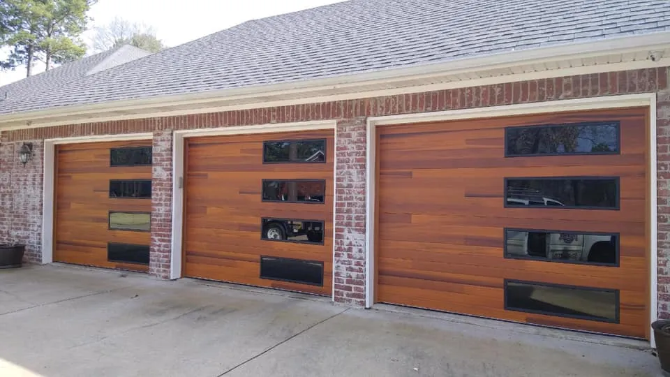 Modern wood-look doors with glass panels